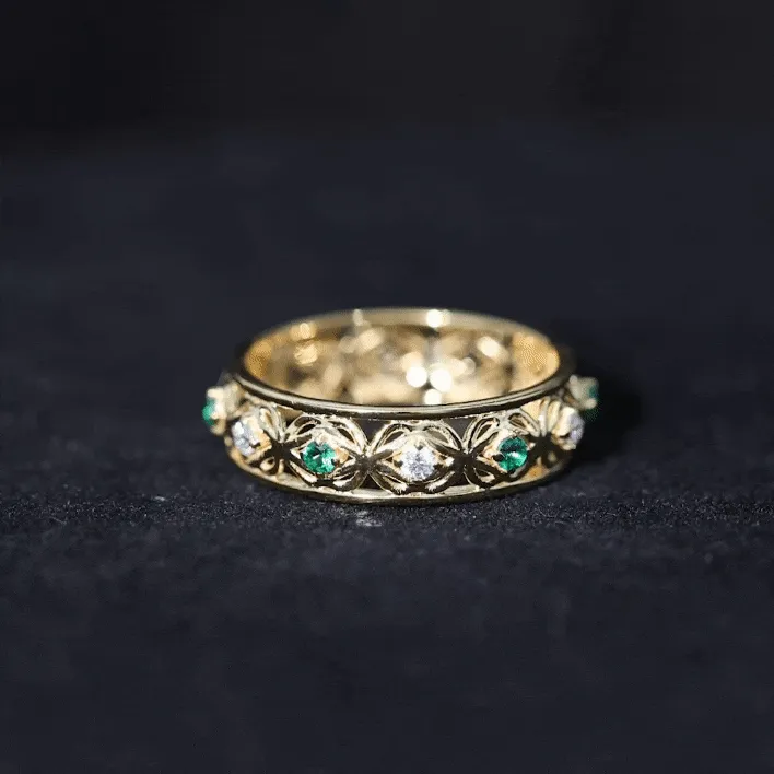 Lab Grown Emerald and Moissanite Celtic Wedding Band Ring