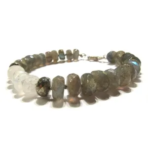 Labradorite, Pyrite and Moonstone Knotted Bracelet with Sterling Silver Trigger Clasp