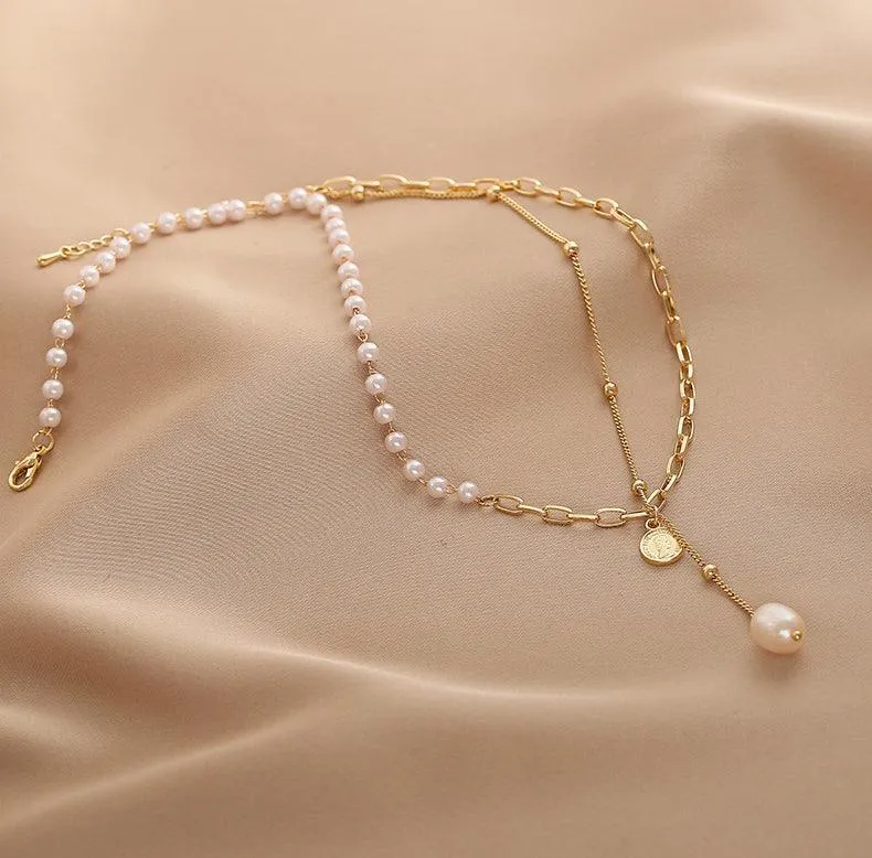 Ladies Lux Golden Beads and Pearl Necklace SKAJ001