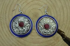 Large Lapis and Coral Medallion Earrings