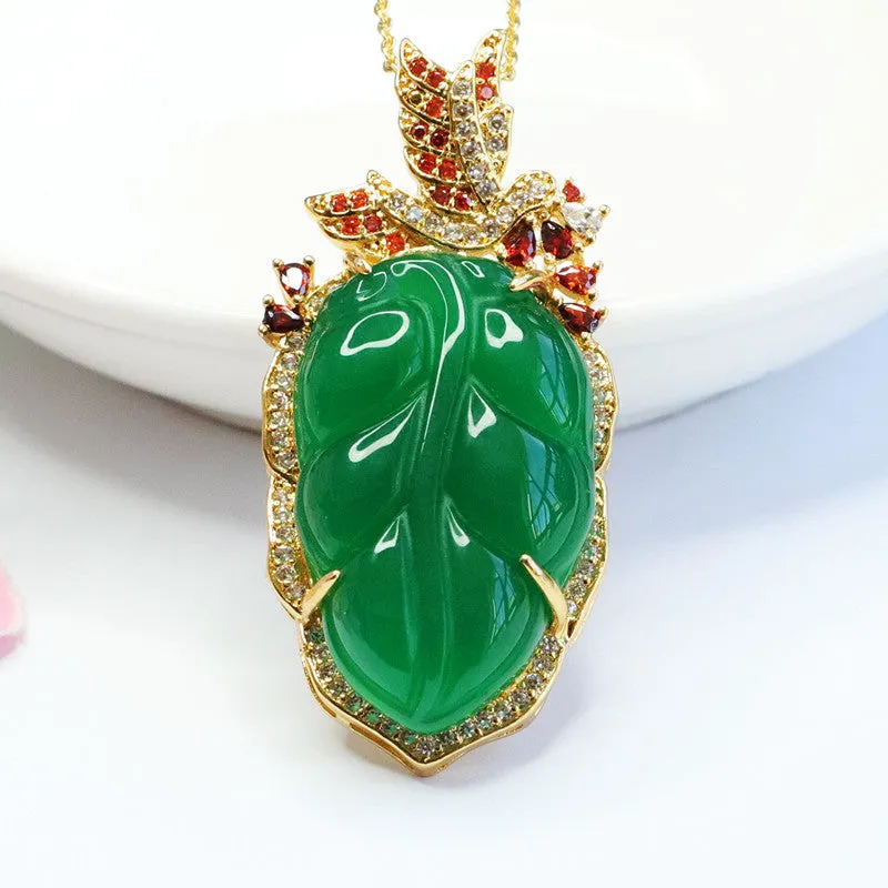 Leaf Pendant Necklace with Green Chalcedony and Zircon Accents