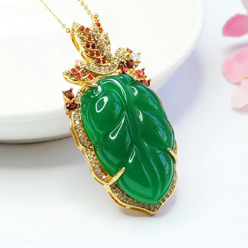 Leaf Pendant Necklace with Green Chalcedony and Zircon Accents