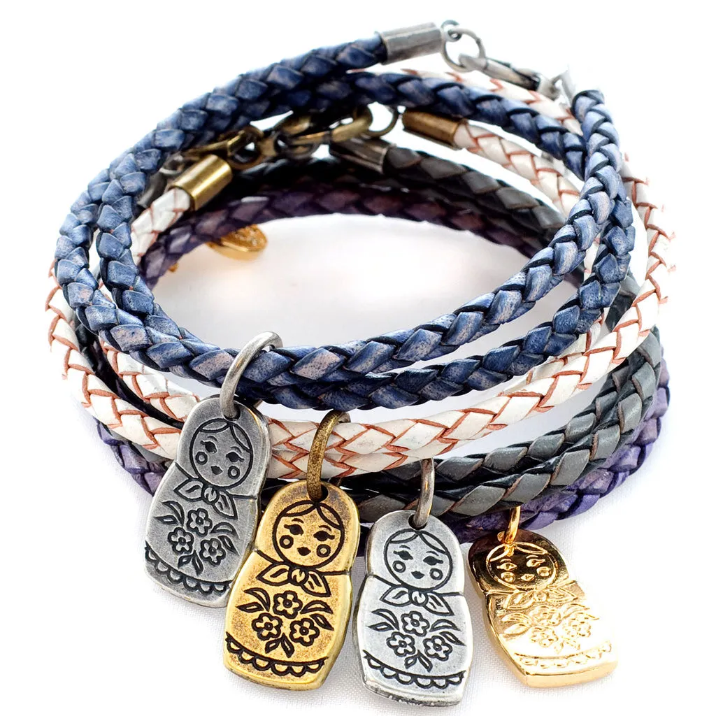 Matryoshka Russian Doll Charm Double Leather Braid Bracelet