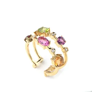 Multi coloured gemstones 18k yellow gold Double row ring