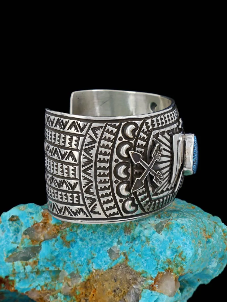 Native American Kingman Turquoise Sterling Silver Thunderbird Cuff Bracelet