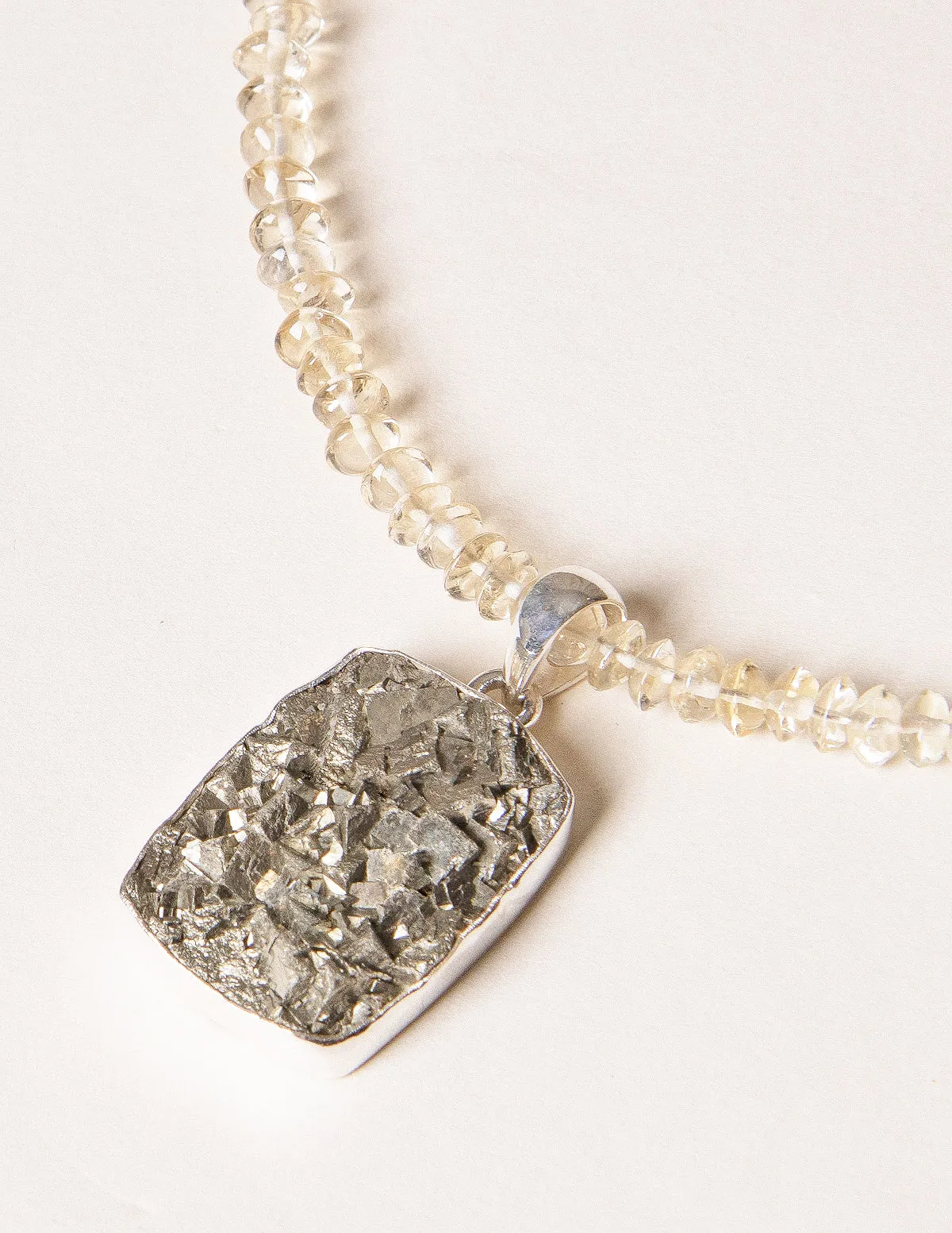 Natural Square Cut Pyrite Pendant on Citrine Beaded Necklace - One of a Kind