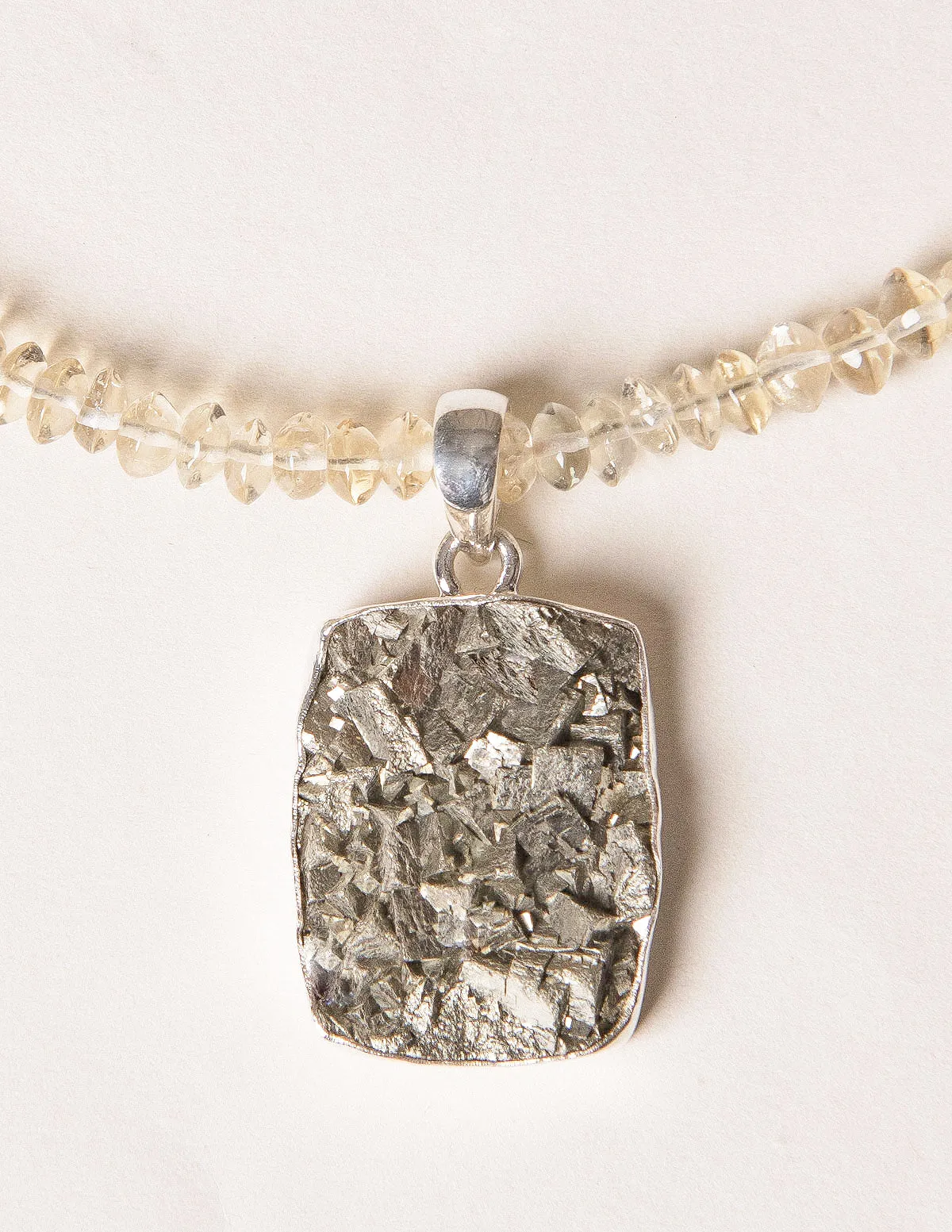 Natural Square Cut Pyrite Pendant on Citrine Beaded Necklace - One of a Kind