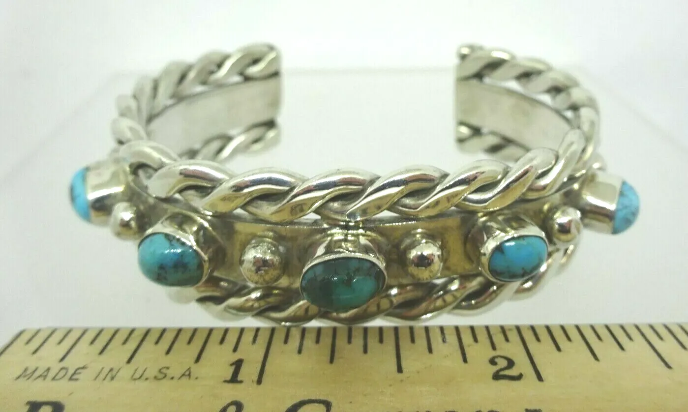 Navajo Native American Turquoise Sterling Silver Braid Cuff Bracelet