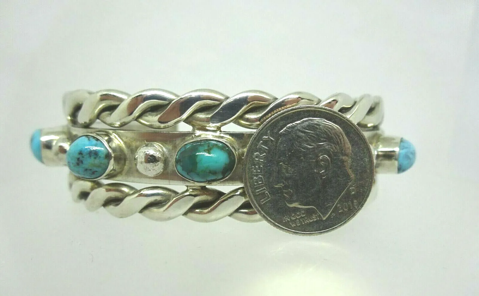 Navajo Native American Turquoise Sterling Silver Braid Cuff Bracelet