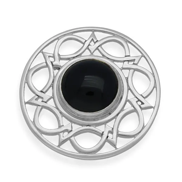 Onyx Celtic Interweave Wave Knotwork Brooch in Sterling Silver