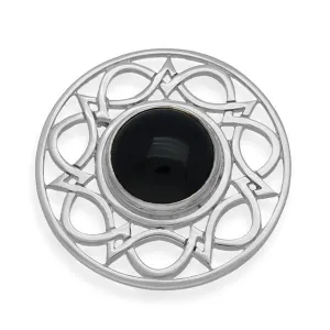 Onyx Celtic Interweave Wave Knotwork Brooch in Sterling Silver