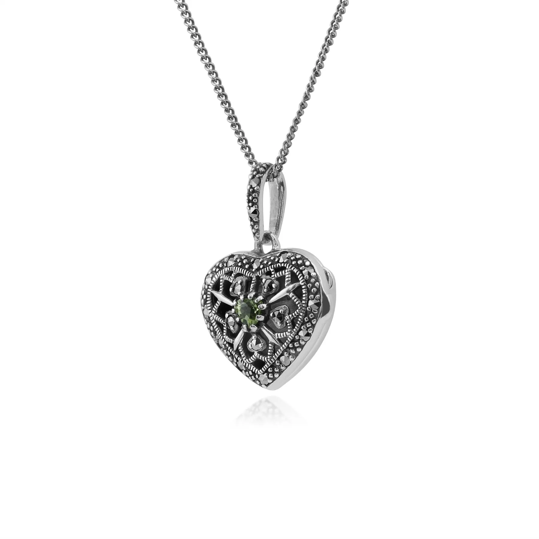 Peridot & Markasit Herzförmige Medaillon Halskette in Sterling Silber