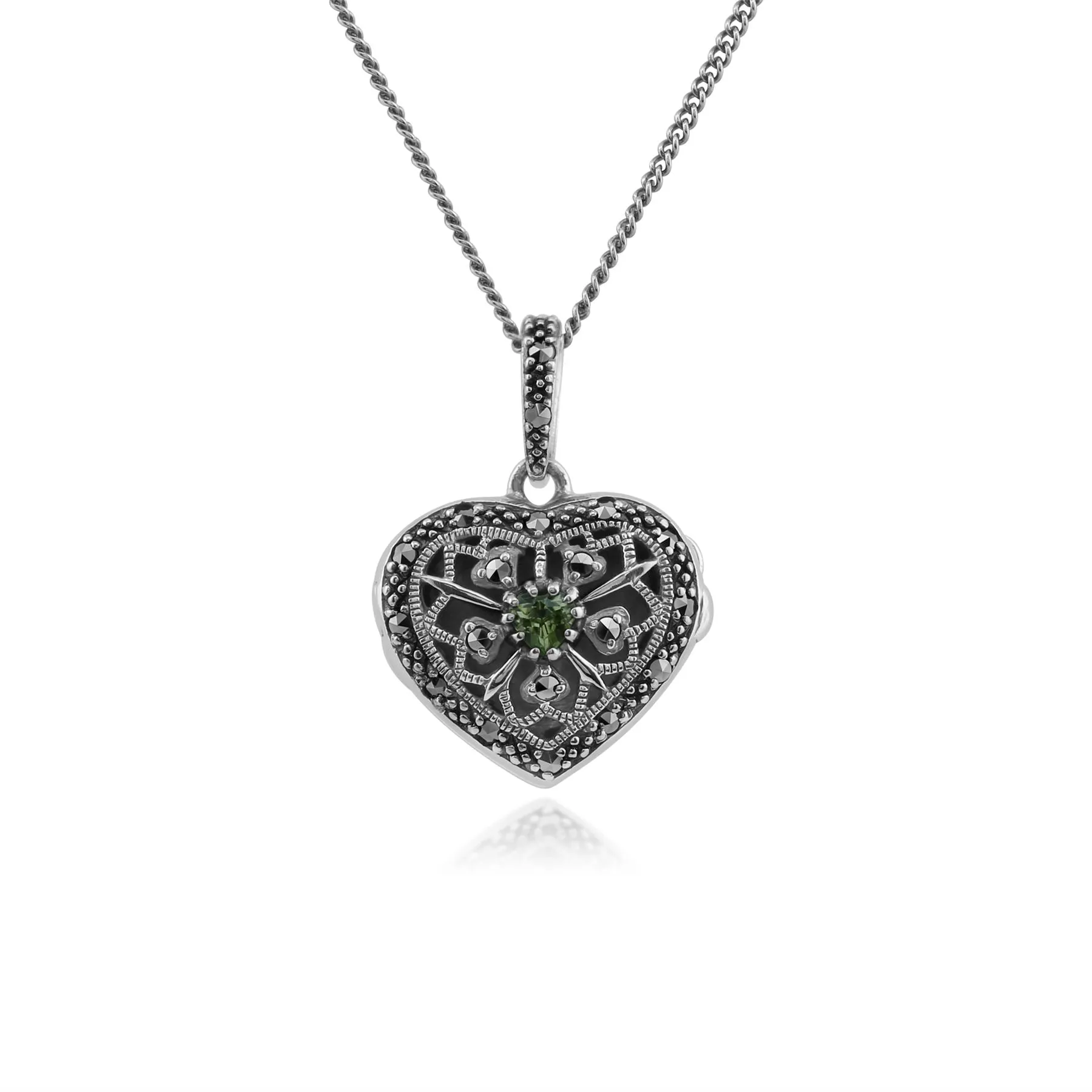 Peridot & Markasit Herzförmige Medaillon Halskette in Sterling Silber