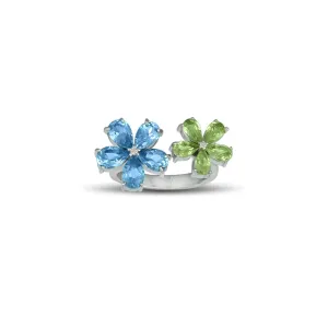 Peridot and Blue Topaz Flower Ring in Silver