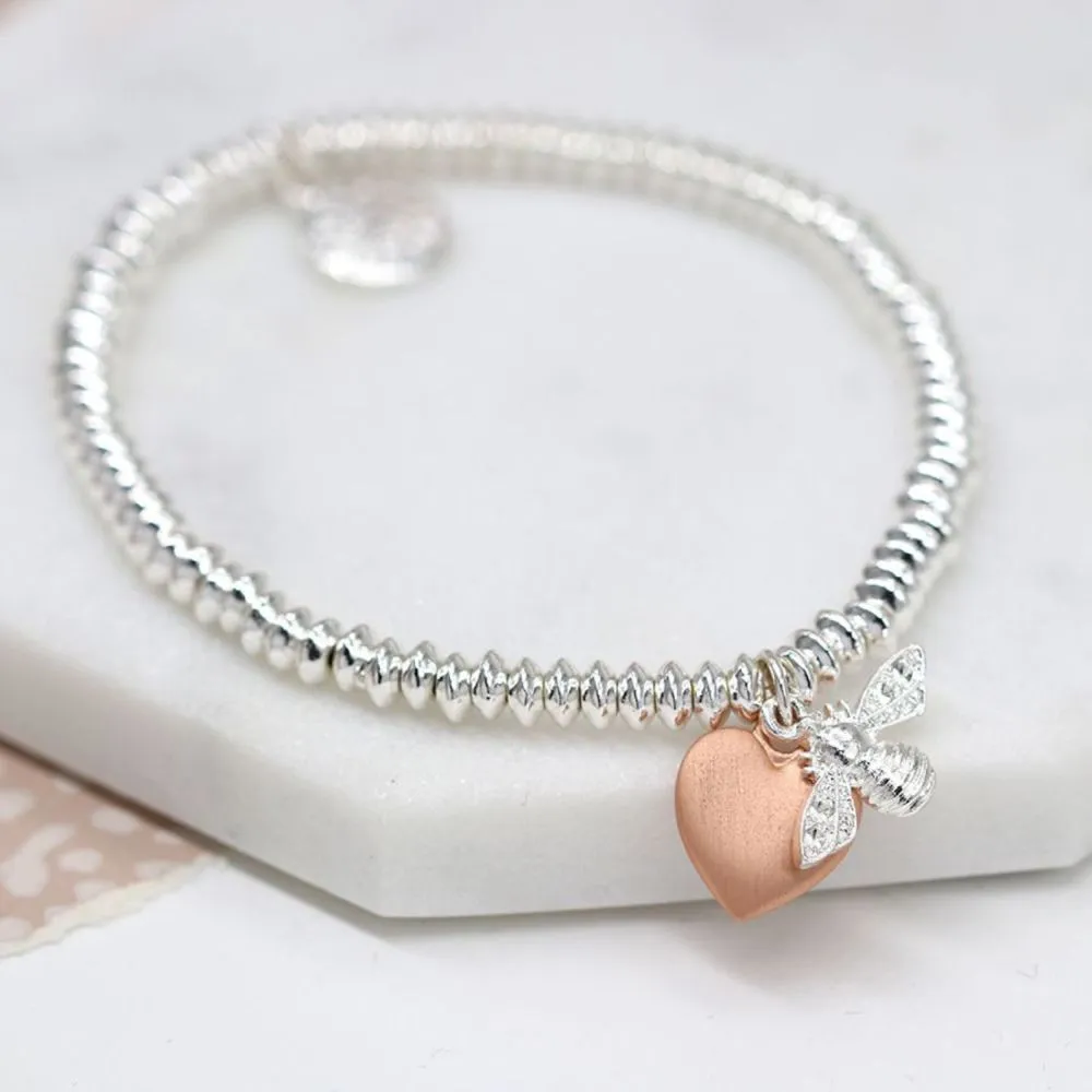 POM 10mm Silver Plated Fine Bead Bracelet with Rose Gold Heart and Bee