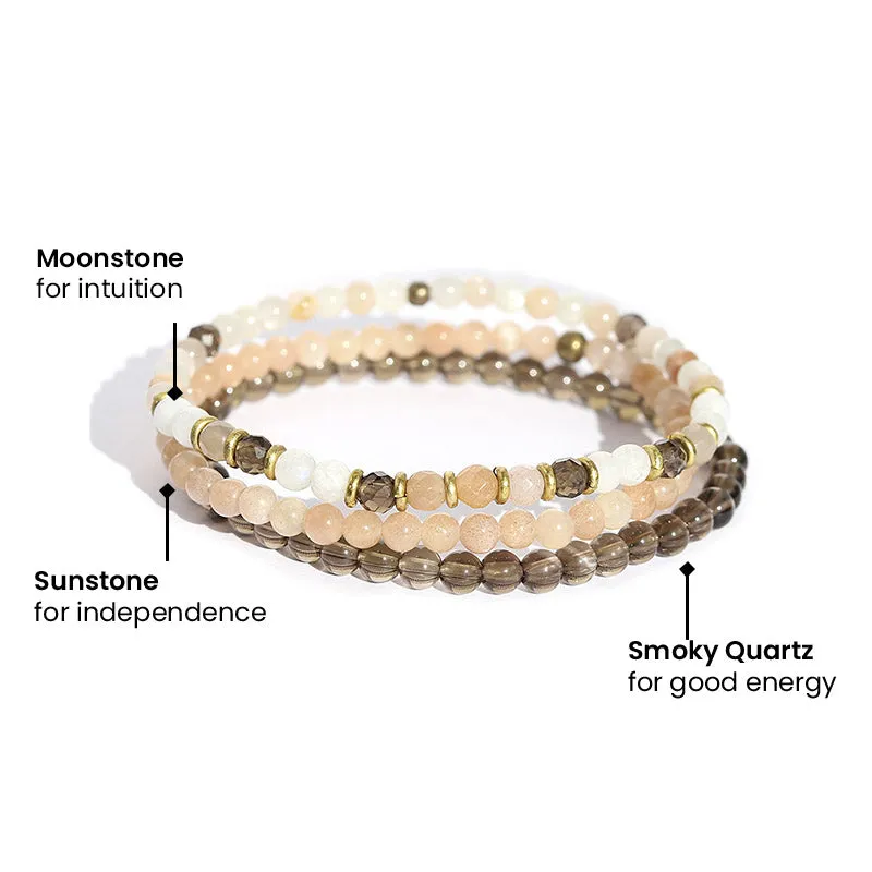 "Intuition" Moonstone & Smoky Stone Quartz Dainty Bracelet Set