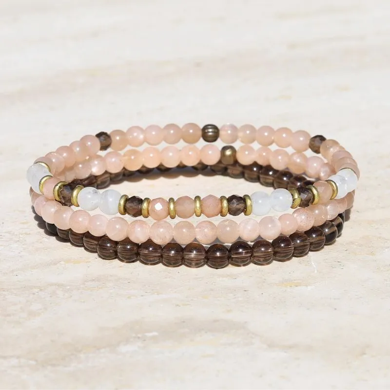 "Intuition" Moonstone & Smoky Stone Quartz Dainty Bracelet Set