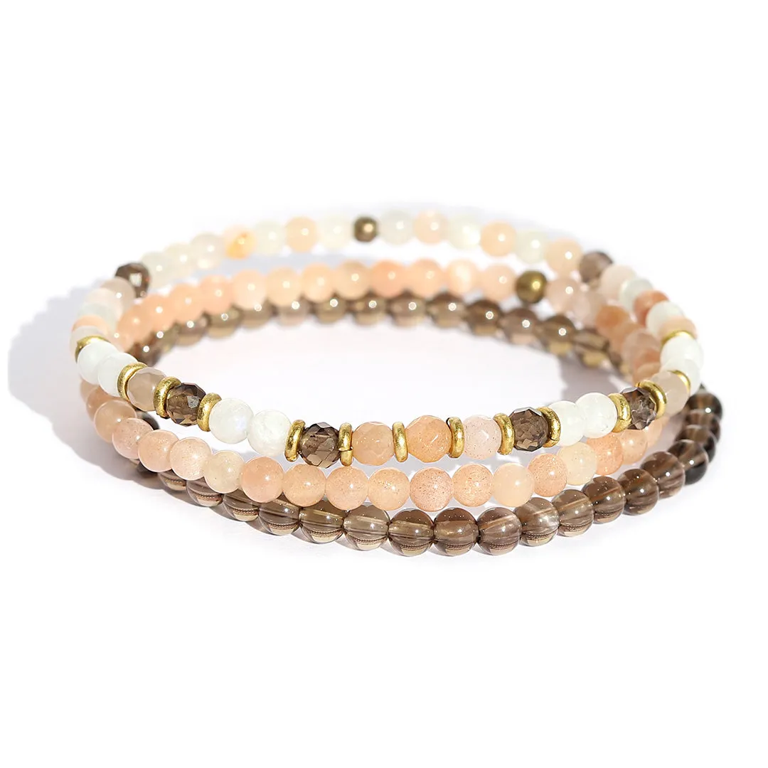 "Intuition" Moonstone & Smoky Stone Quartz Dainty Bracelet Set