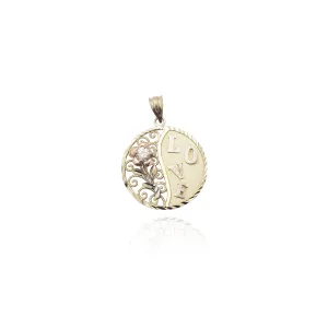 "Love" and Flowers Circle Pendant (14K)