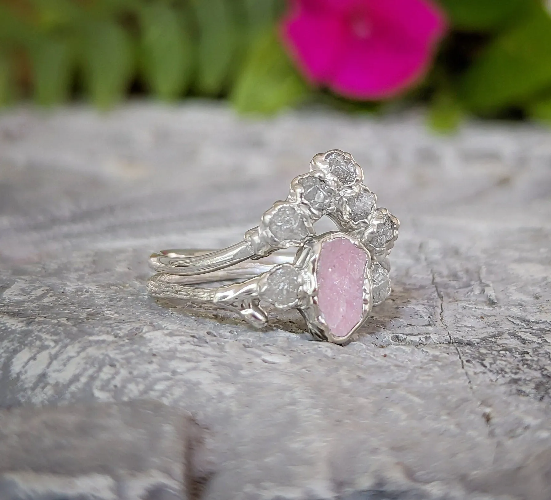 Raw Pink Morganite and diamond wedding ring set