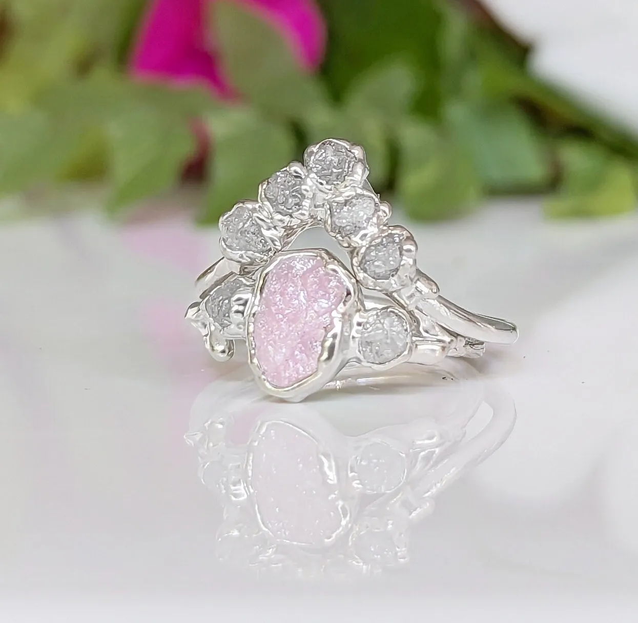 Raw Pink Morganite and diamond wedding ring set