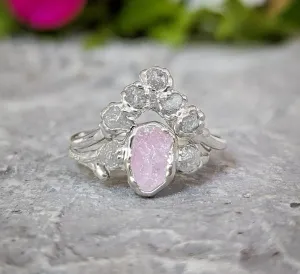 Raw Pink Morganite and diamond wedding ring set