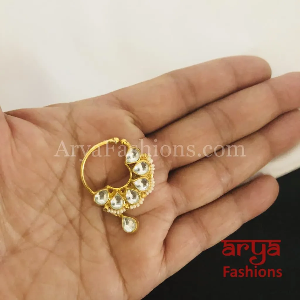 Round Nose Ring/ Kundan CZ non piercing nose ring/Kundan Bridal Nosepin