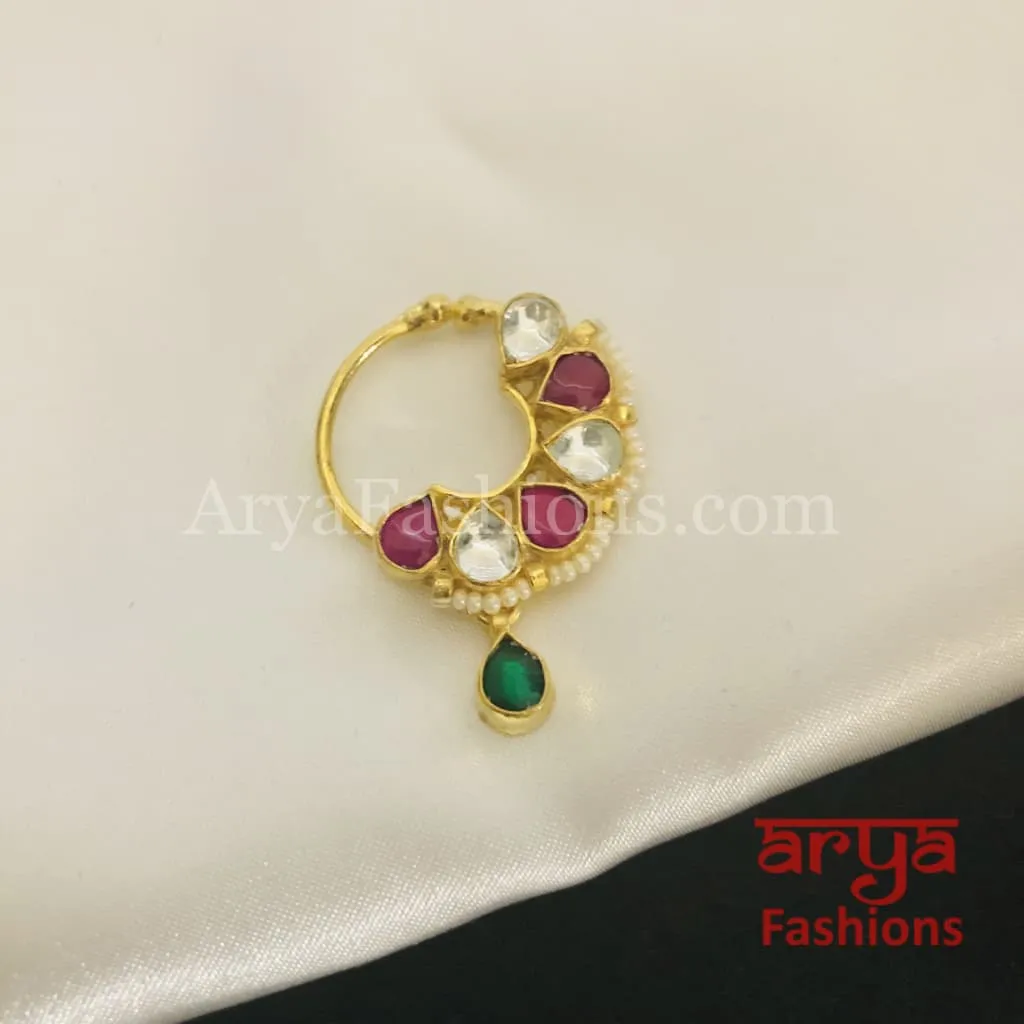 Round Nose Ring/ Kundan CZ non piercing nose ring/Kundan Bridal Nosepin