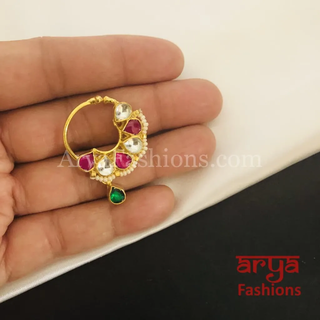 Round Nose Ring/ Kundan CZ non piercing nose ring/Kundan Bridal Nosepin