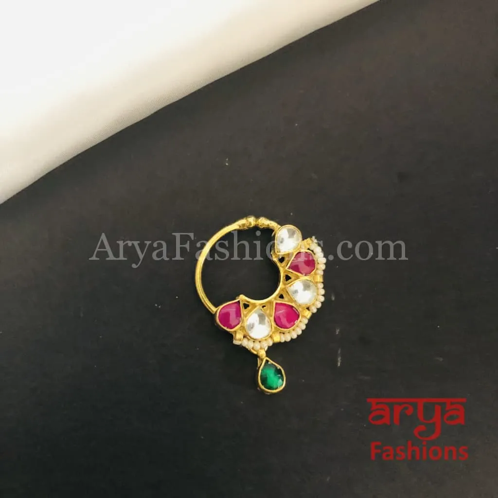 Round Nose Ring/ Kundan CZ non piercing nose ring/Kundan Bridal Nosepin