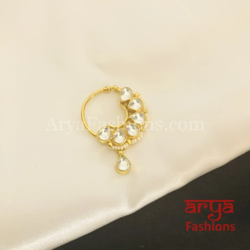 Round Nose Ring/ Kundan CZ non piercing nose ring/Kundan Bridal Nosepin