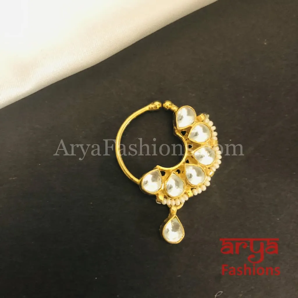 Round Nose Ring/ Kundan CZ non piercing nose ring/Kundan Bridal Nosepin