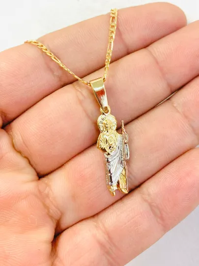 San Judas Tri Color Necklace Pendant Gold Filled / Figaro Link Chain Necklace / Everyday Necklace / Saint Jude Necklace for Womens 20" / Caddena y Dije de San Judas