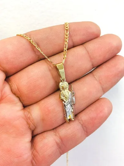 San Judas Tri Color Necklace Pendant Gold Filled / Figaro Link Chain Necklace / Everyday Necklace / Saint Jude Necklace for Womens 20" / Caddena y Dije de San Judas