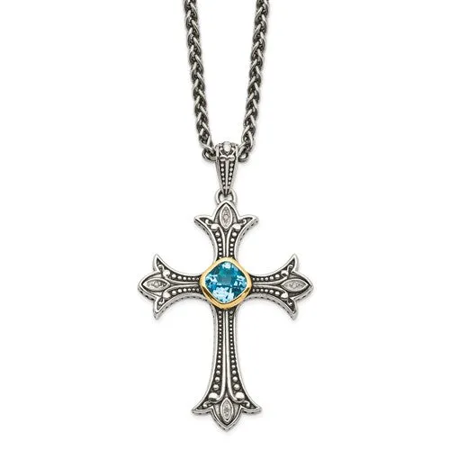 Shey Couture Sterling Silver & 14k Gold Diamond Blue Topaz Cross Necklace