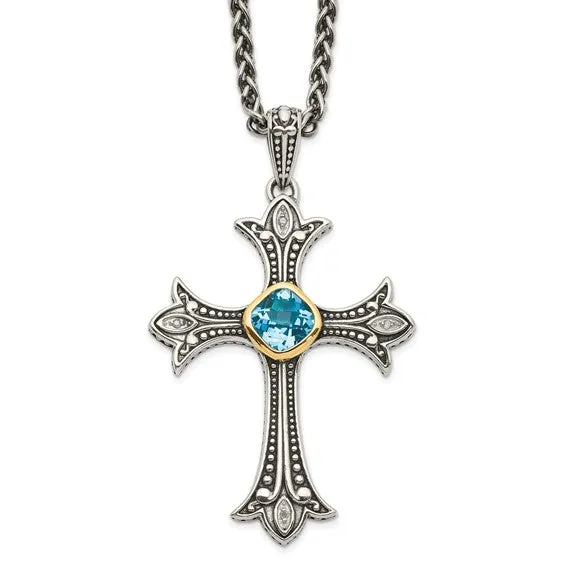 Shey Couture Sterling Silver & 14k Gold Diamond Blue Topaz Cross Necklace