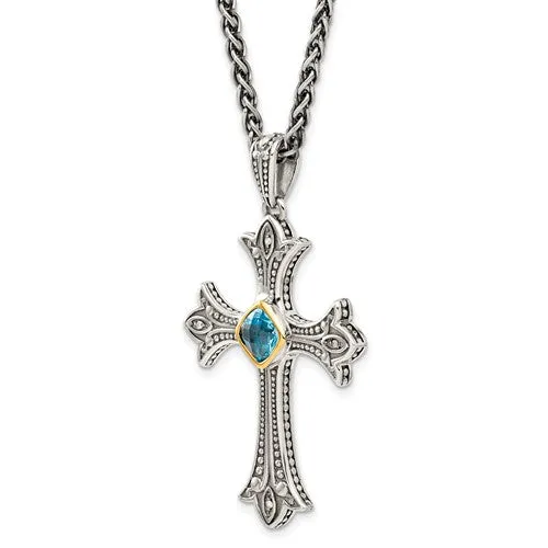 Shey Couture Sterling Silver & 14k Gold Diamond Blue Topaz Cross Necklace