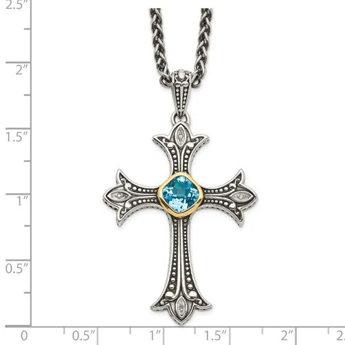 Shey Couture Sterling Silver & 14k Gold Diamond Blue Topaz Cross Necklace