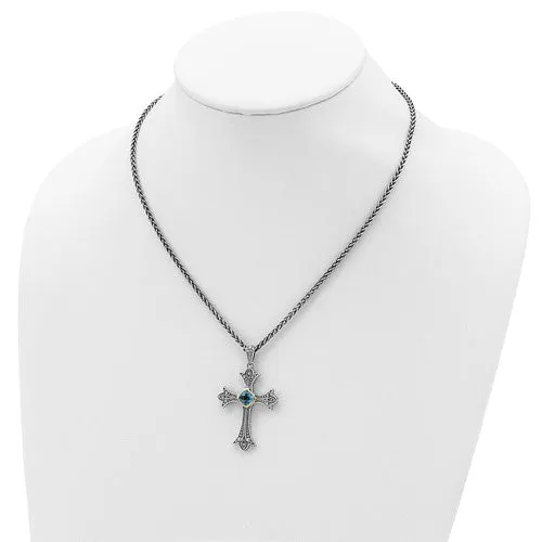 Shey Couture Sterling Silver & 14k Gold Diamond Blue Topaz Cross Necklace