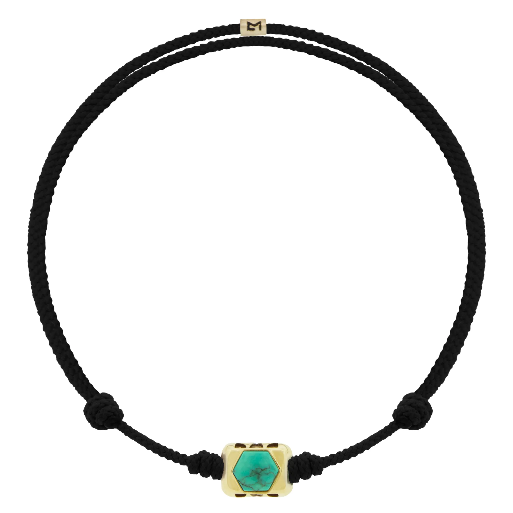 SHIELD ME Ingot with Turquoise Hexagon on Black Cord Bracelet