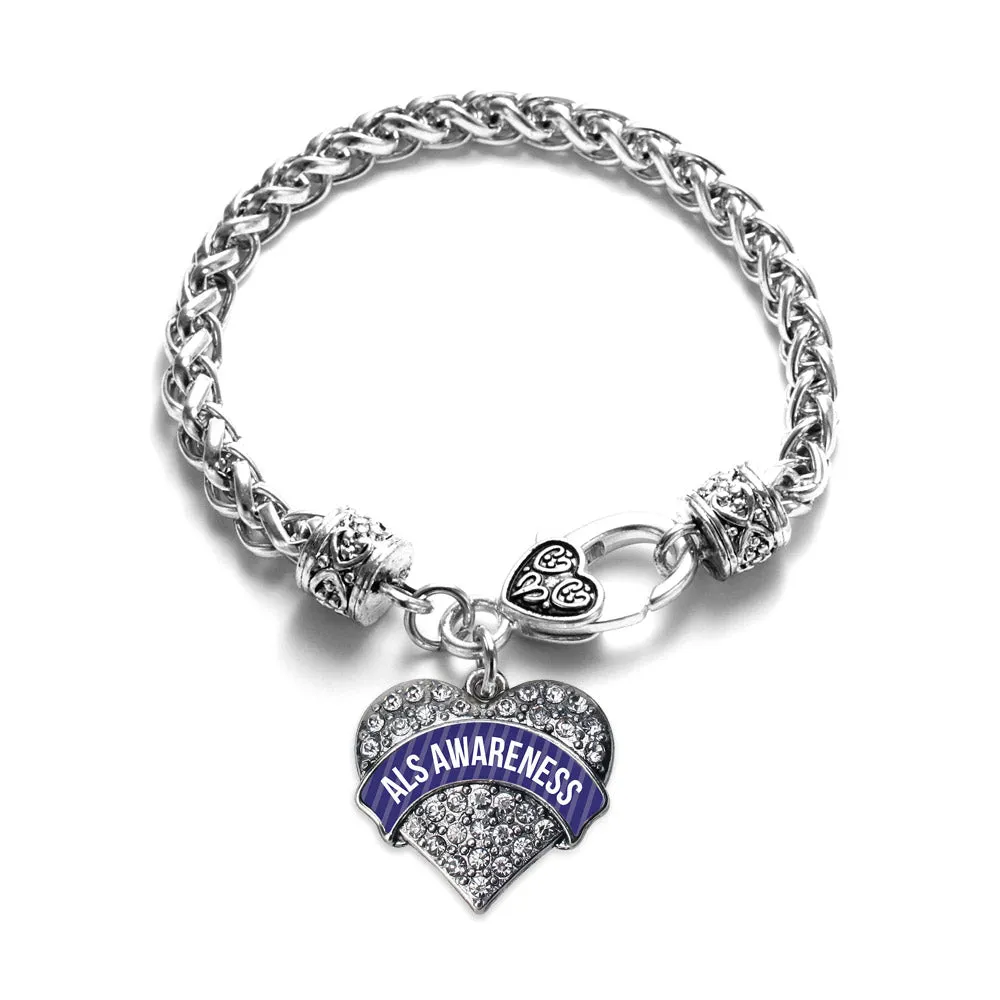 Silver ALS Awareness Pave Heart Charm Braided Bracelet