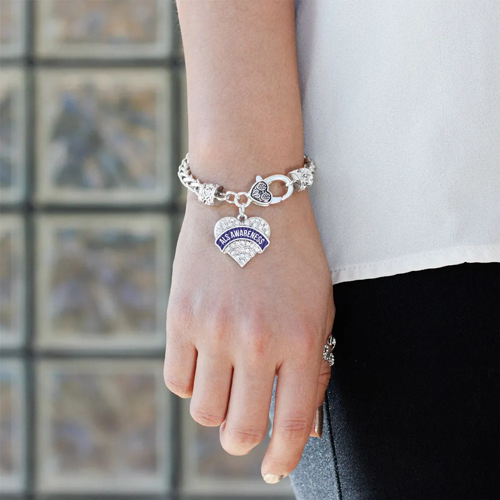 Silver ALS Awareness Pave Heart Charm Braided Bracelet