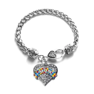 Silver Autism Mom Pave Heart Charm Braided Bracelet