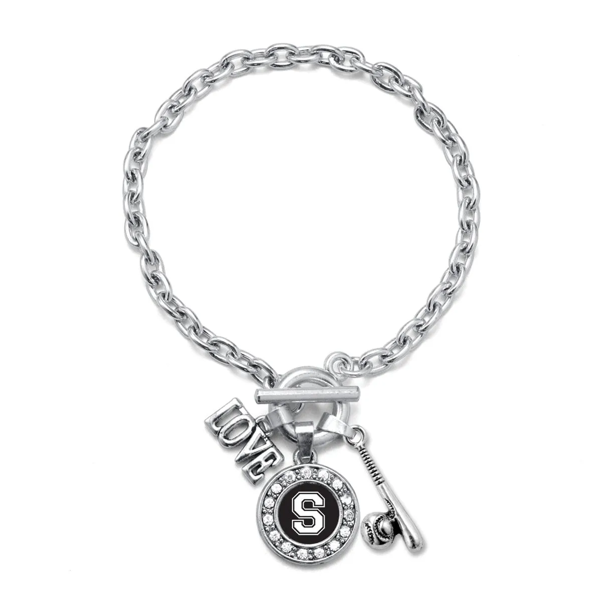 Silver Baseball Bat - Sports Initial S Circle Charm Toggle Bracelet