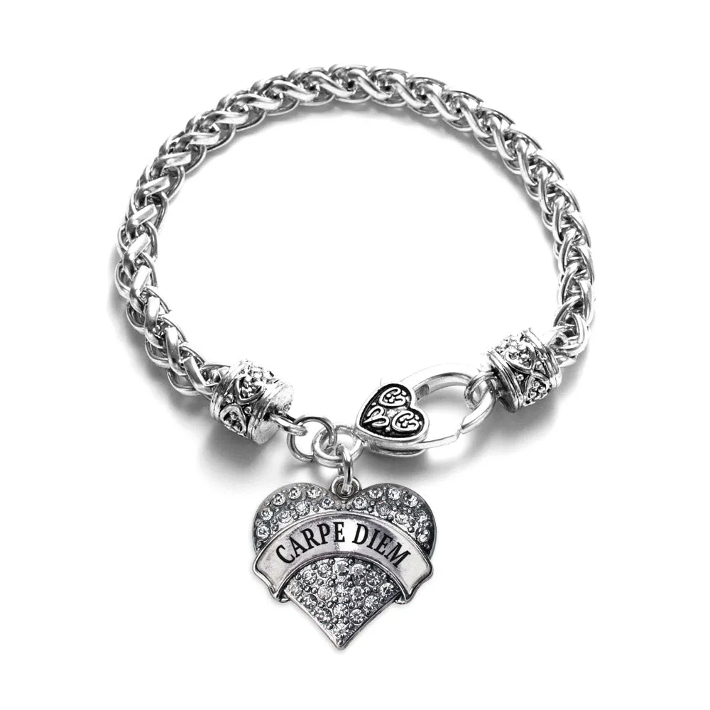 Silver Carpe Diem Pave Heart Charm Braided Bracelet