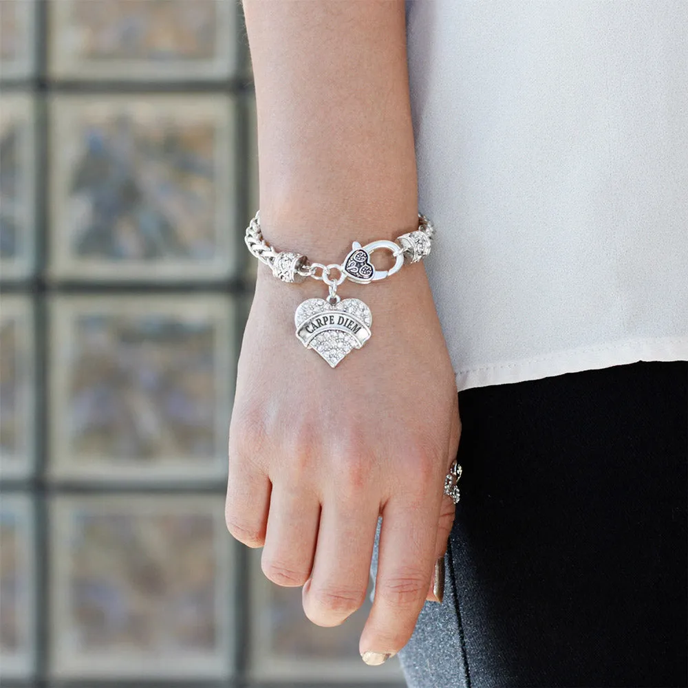 Silver Carpe Diem Pave Heart Charm Braided Bracelet