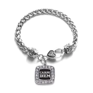 Silver Carpe Diem Square Charm Braided Bracelet