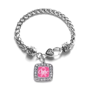 Silver Cure Breast Cancer Awareness Square Charm Braided Bracelet