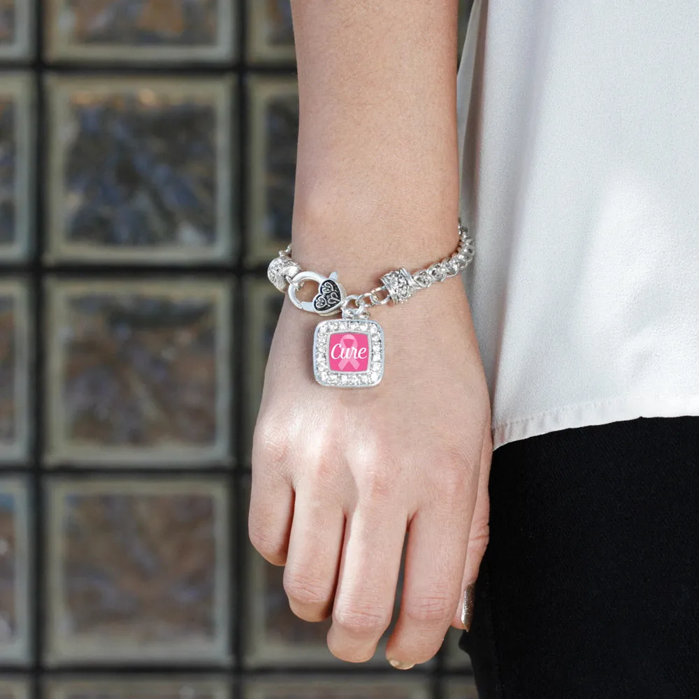 Silver Cure Breast Cancer Awareness Square Charm Braided Bracelet