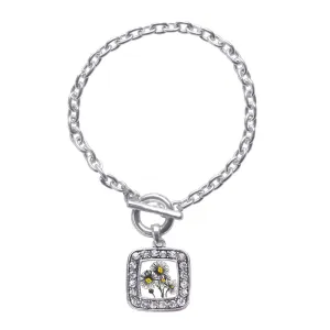 Silver Daisy Flower Square Charm Toggle Bracelet